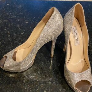 PRICE DROP! Jimmy Choo 247 Crown champagne glitter fabric 38.5 barely worn!